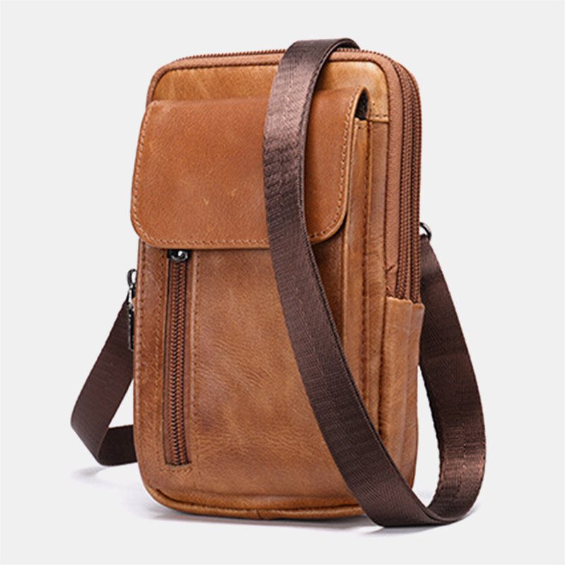 Menn Retro Dobbeltlags Kuskinn Midjeveske Uformell Slitesterk 6.5 Tommers Telefonveske Belteveske Crossbody-veske Skulderveske