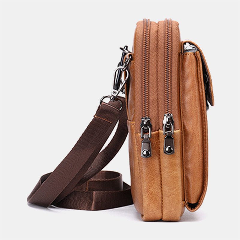 Menn Retro Dobbeltlags Kuskinn Midjeveske Uformell Slitesterk 6.5 Tommers Telefonveske Belteveske Crossbody-veske Skulderveske