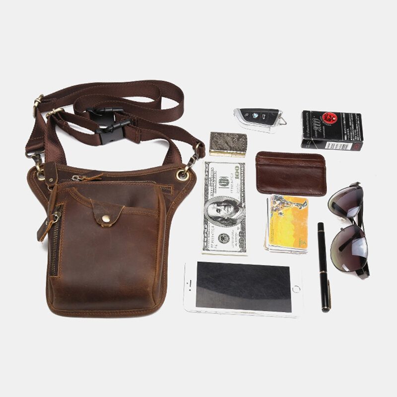 Menn Retro Ekte Skinn Multi-lomme Midjeveske Outdoor Sport 6.5 Tommers Telefonveske Glidelås Crossbody-vesker Skulderveske