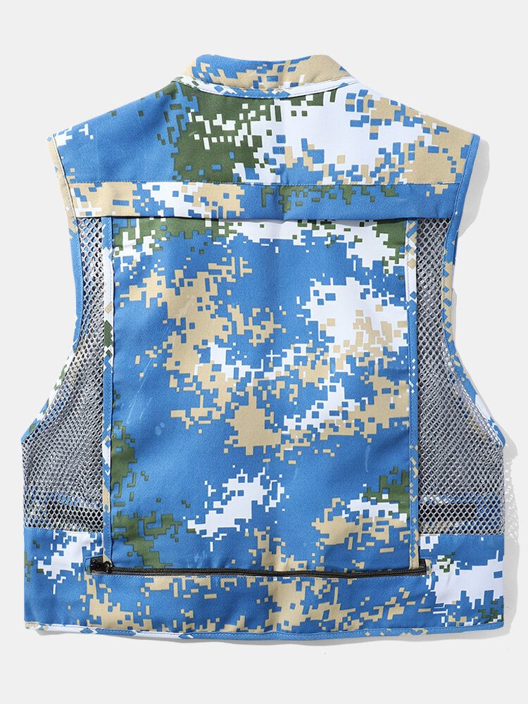 Herre Camouflage Print Mesh Patchwork Utility Zip Pocket Cargo Vester