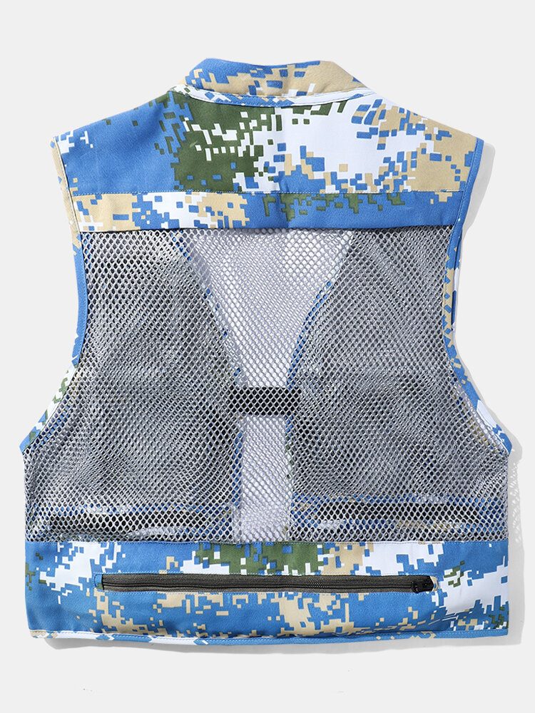 Herre Camouflage Print Mesh Patchwork Utility Zip Pocket Cargo Vester