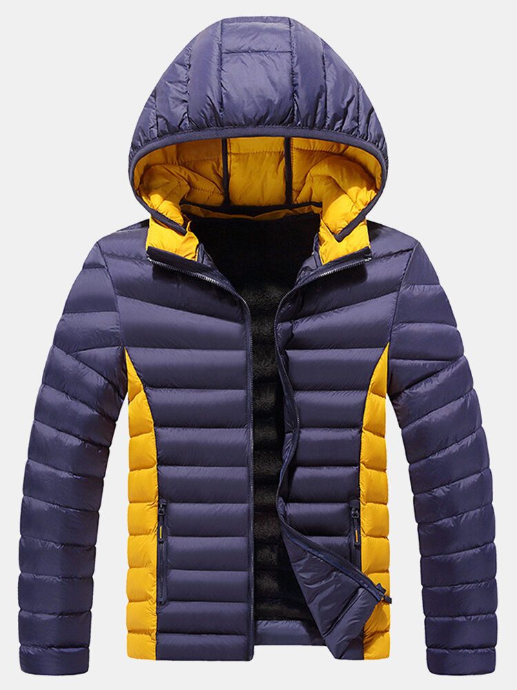 Herre Thicken Windproof Patchwork Glidelås Varm Fleecefôret Avtakbare Hettefrakker Med Lomme