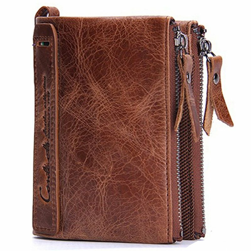 Herre Ekte Skinn Bifold Hasp Multi-card Slot Kortholder Retro Dobbel Glidelås Lomme Mynt Veske Kort Pengeklips Lommebok