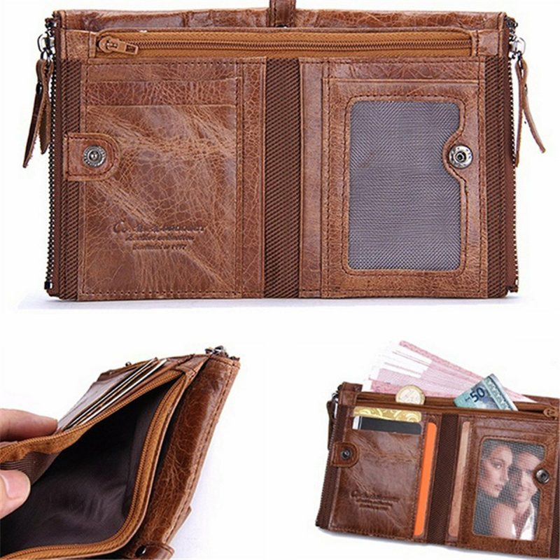 Herre Ekte Skinn Bifold Hasp Multi-card Slot Kortholder Retro Dobbel Glidelås Lomme Mynt Veske Kort Pengeklips Lommebok