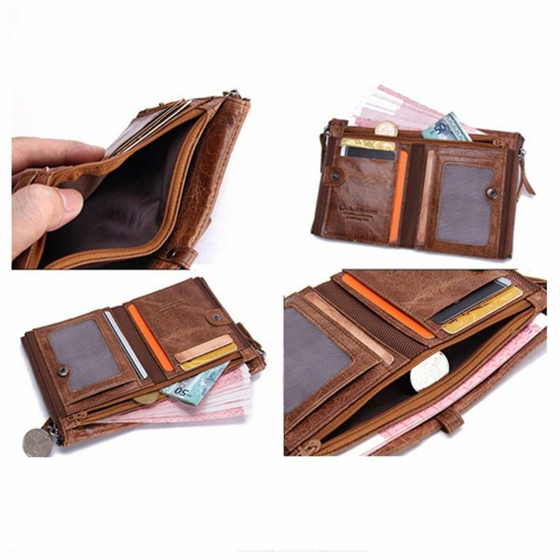 Herre Ekte Skinn Bifold Hasp Multi-card Slot Kortholder Retro Dobbel Glidelås Lomme Mynt Veske Kort Pengeklips Lommebok