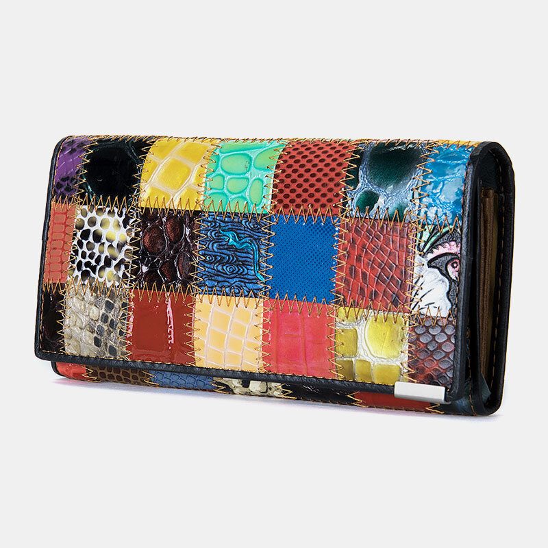 Kvinner Ekte Skinn Bifold Farget Geometrisk Mønster Multi-card Slot Card Case Pengeklipp Myntveske Lange Clutch Lommebøker