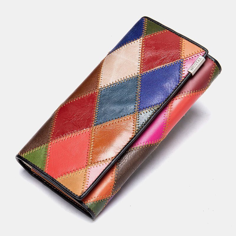 Kvinner Ekte Skinn Bifold Farget Geometrisk Mønster Multi-card Slot Card Case Pengeklipp Myntveske Lange Clutch Lommebøker