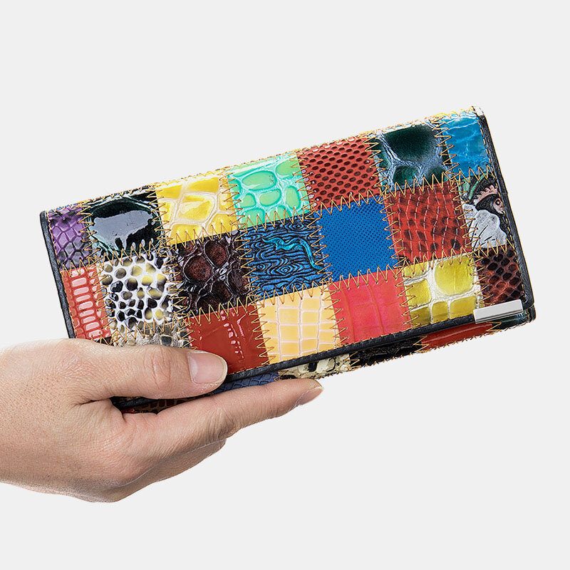 Kvinner Ekte Skinn Bifold Farget Geometrisk Mønster Multi-card Slot Card Case Pengeklipp Myntveske Lange Clutch Lommebøker