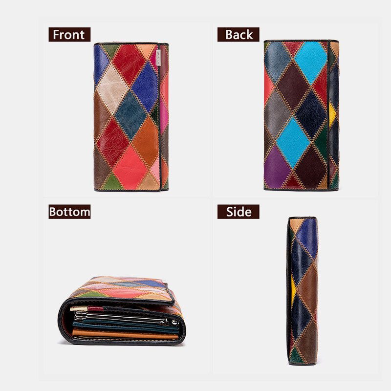 Kvinner Ekte Skinn Bifold Farget Geometrisk Mønster Multi-card Slot Card Case Pengeklipp Myntveske Lange Clutch Lommebøker