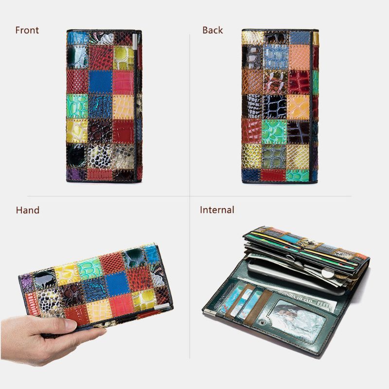 Kvinner Ekte Skinn Bifold Farget Geometrisk Mønster Multi-card Slot Card Case Pengeklipp Myntveske Lange Clutch Lommebøker