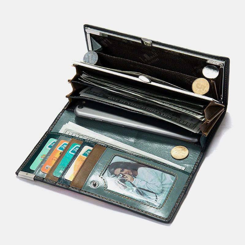 Kvinner Ekte Skinn Bifold Farget Geometrisk Mønster Multi-card Slot Card Case Pengeklipp Myntveske Lange Clutch Lommebøker