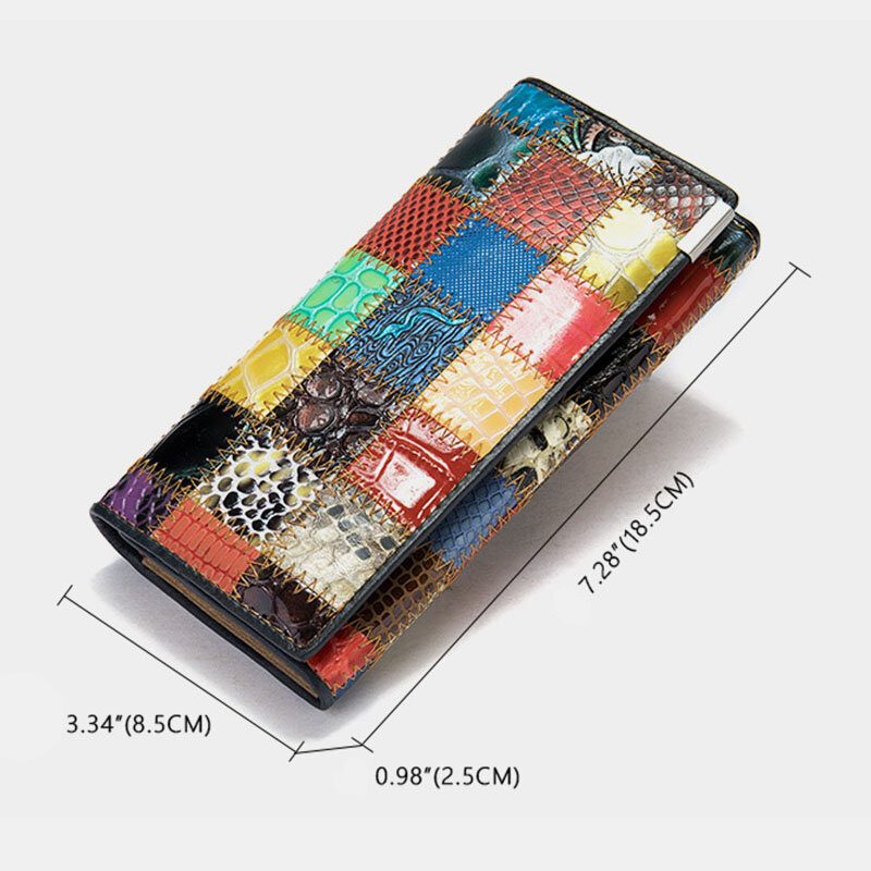 Kvinner Ekte Skinn Bifold Farget Geometrisk Mønster Multi-card Slot Card Case Pengeklipp Myntveske Lange Clutch Lommebøker