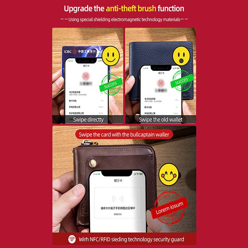 Menn Ekte Skinn Multifunksjon Bifold Glidelås Lommebøker Rfid Anti-magnetisk Multi-kort Spor Kortholder Myntpung
