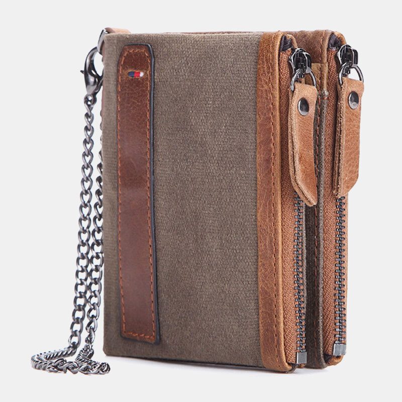 Menn Kuskinn Oljevoks Canvas Patchwork Rfid Anti-magnetisk Kortveske Bifold Kort Dobbel Glidelås Myntlommebok