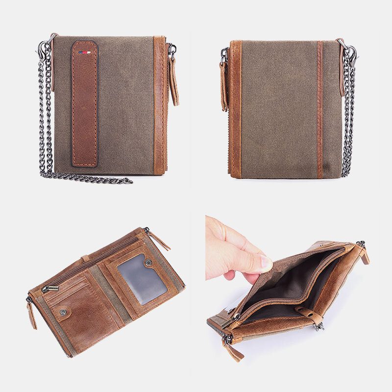 Menn Kuskinn Oljevoks Canvas Patchwork Rfid Anti-magnetisk Kortveske Bifold Kort Dobbel Glidelås Myntlommebok