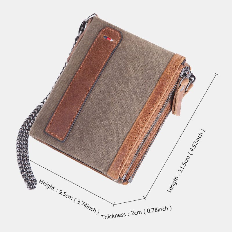 Menn Kuskinn Oljevoks Canvas Patchwork Rfid Anti-magnetisk Kortveske Bifold Kort Dobbel Glidelås Myntlommebok