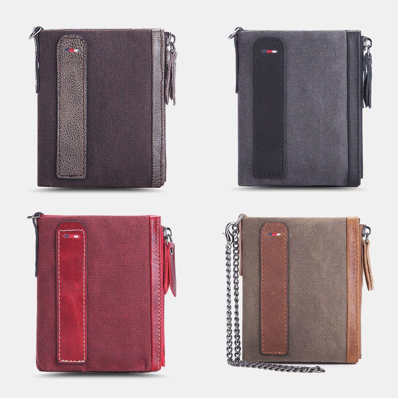 Menn Kuskinn Oljevoks Canvas Patchwork Rfid Anti-magnetisk Kortveske Bifold Kort Dobbel Glidelås Myntlommebok