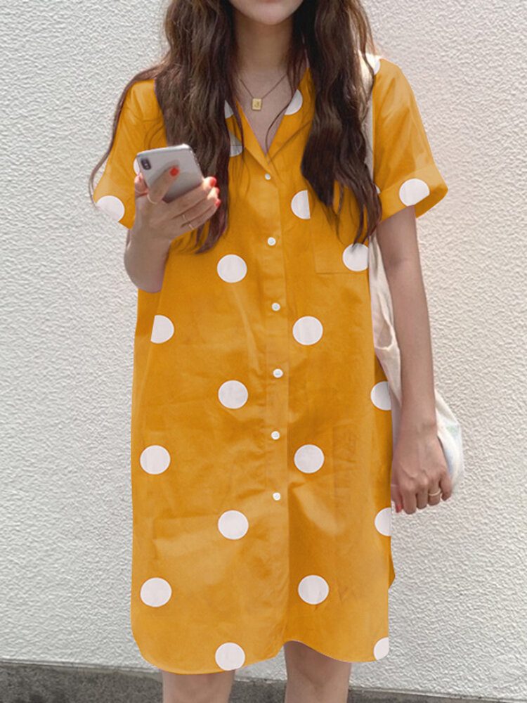 Cottagecore Polka Dot Pocket Button Split Shirt Dress