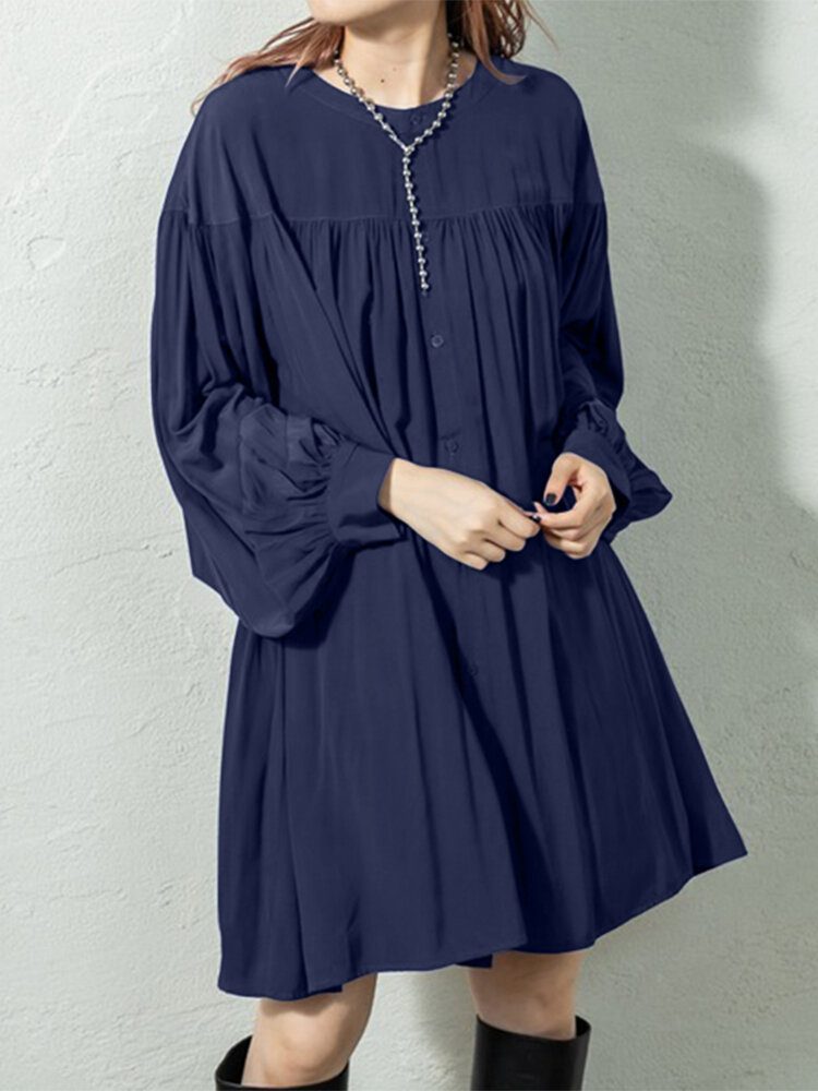 Puff Sleeve Stand Krage Langermet Plissert Casual Shirt Dress