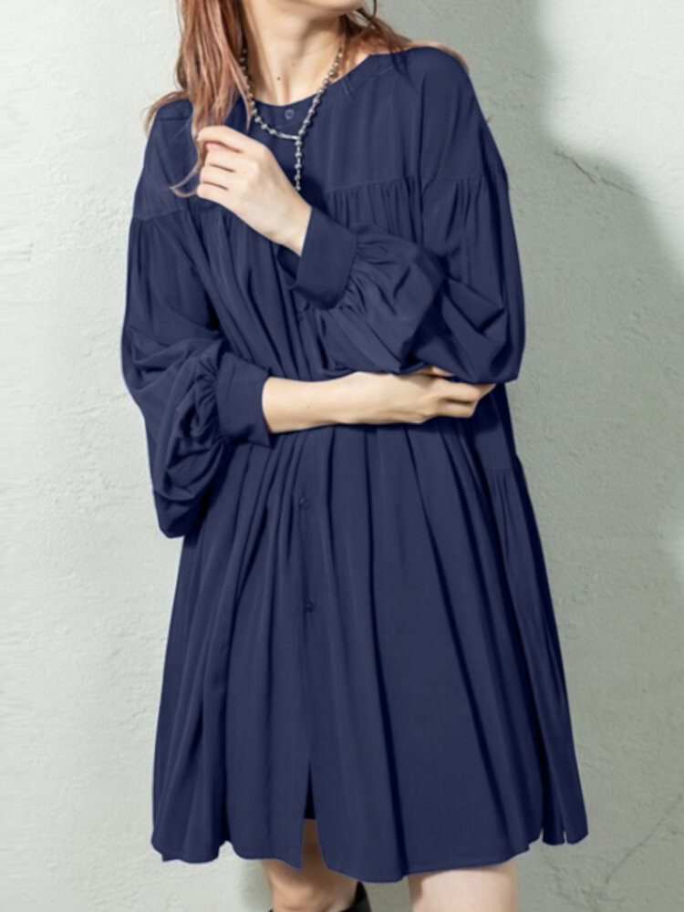 Puff Sleeve Stand Krage Langermet Plissert Casual Shirt Dress