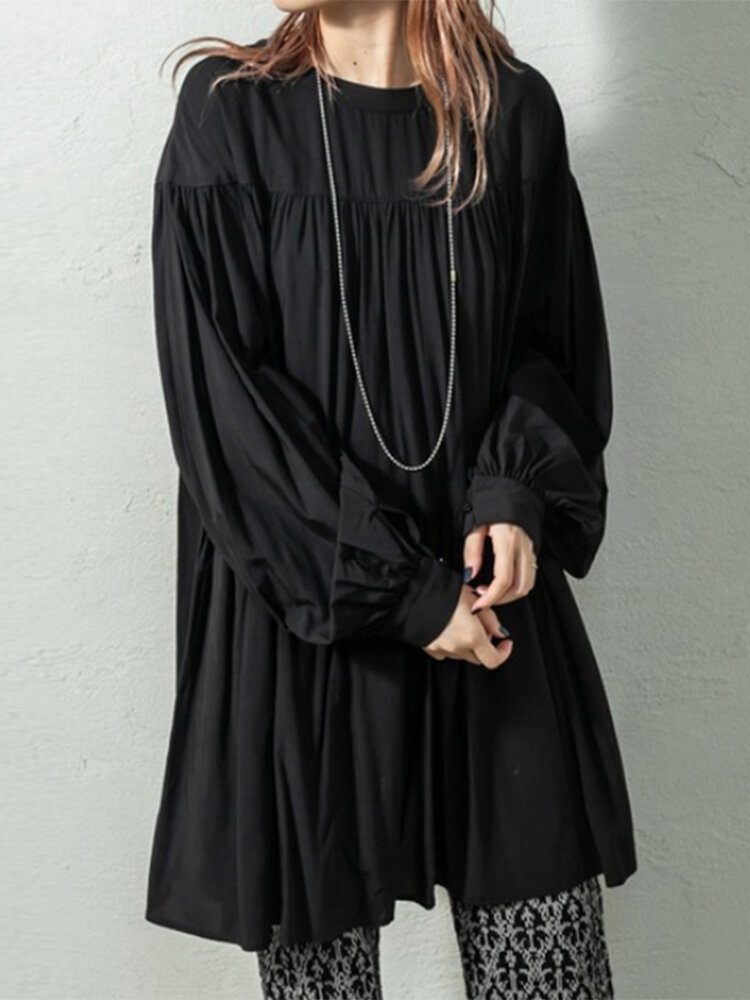 Puff Sleeve Stand Krage Langermet Plissert Casual Shirt Dress