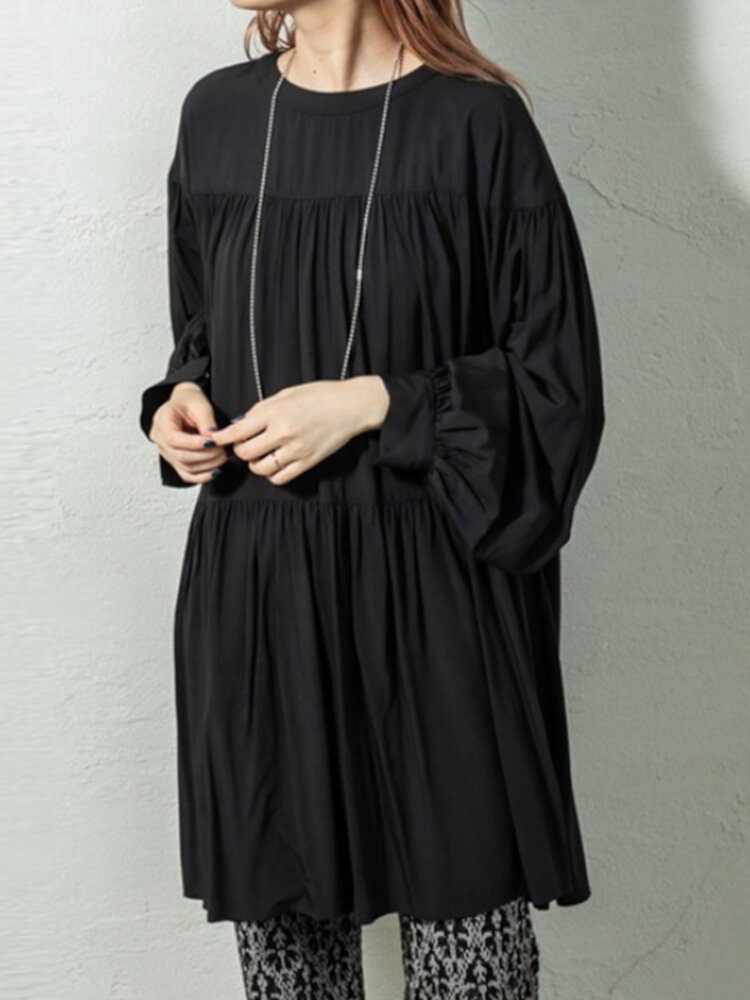 Puff Sleeve Stand Krage Langermet Plissert Casual Shirt Dress