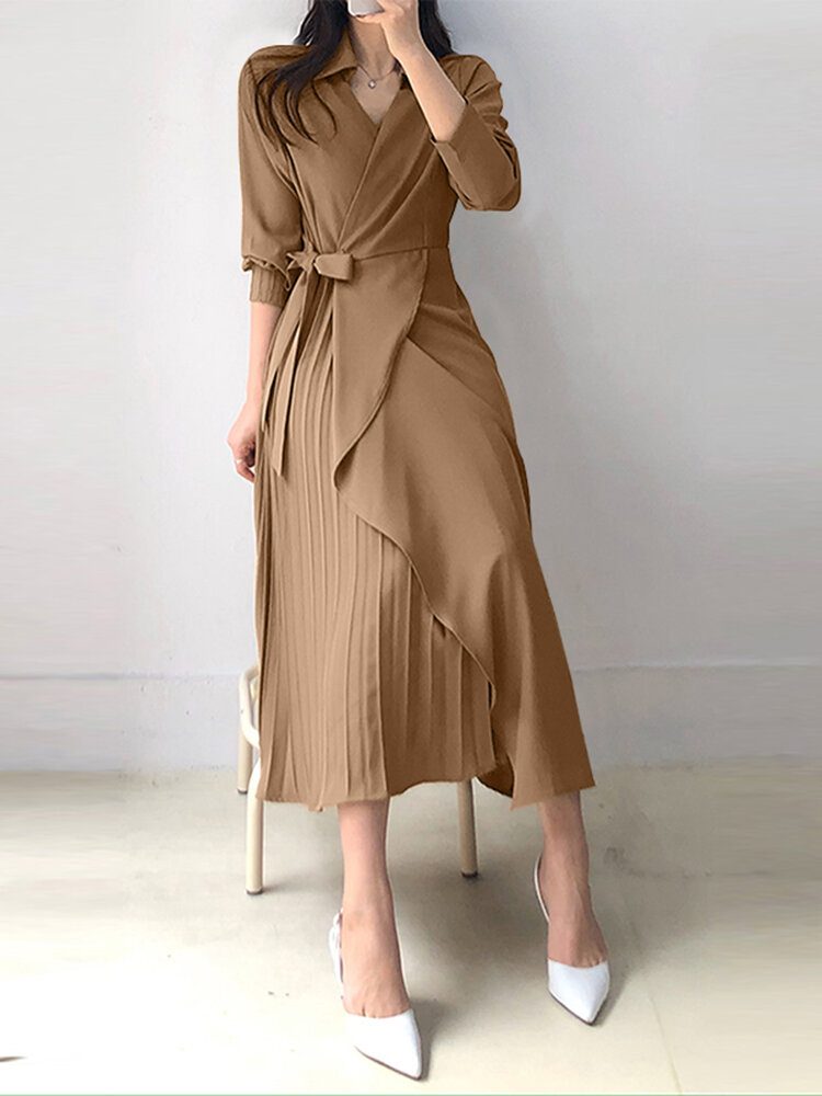 Solid Cross Front Tie Plissert Langermet Lapel Shirt Dress