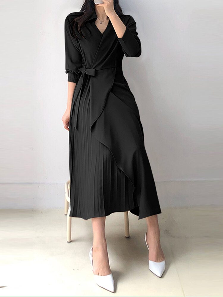 Solid Cross Front Tie Plissert Langermet Lapel Shirt Dress