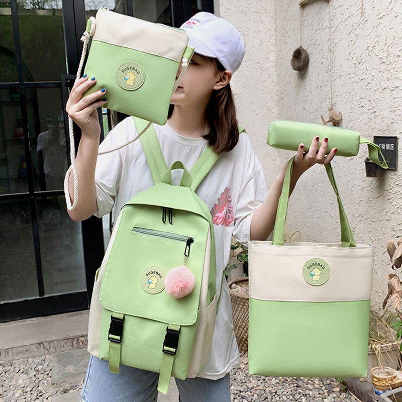 4 Stk Canvas Preppy Multifunksjons Kombinasjonsveske Tote Stor Kapasitet Ryggsekk Crossbody Clutch Lommebok