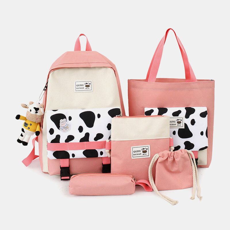 5 Stk Canvas Preppy Cow Pattern Multifunction Combination Vesker Ryggsekk Tote Crossbody Vesker Clutch Lommebok