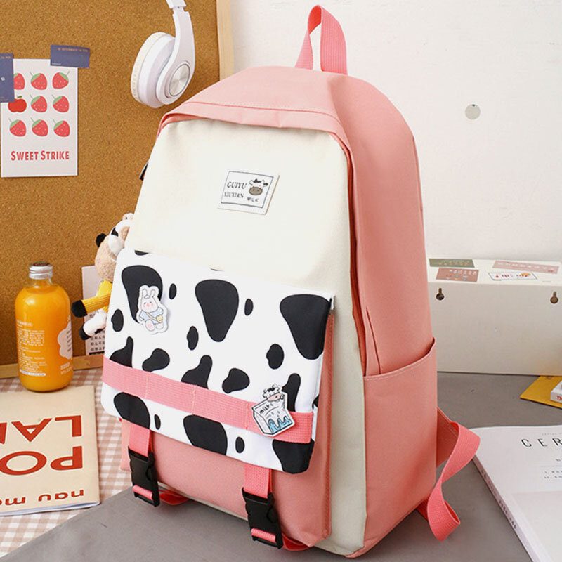 5 Stk Canvas Preppy Cow Pattern Multifunction Combination Vesker Ryggsekk Tote Crossbody Vesker Clutch Lommebok