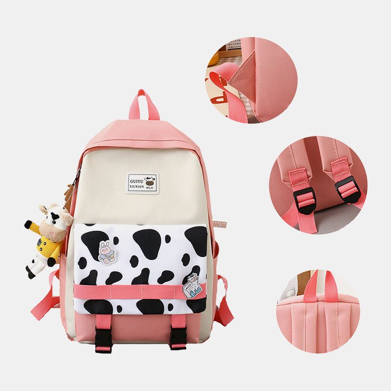 5 Stk Canvas Preppy Cow Pattern Multifunction Combination Vesker Ryggsekk Tote Crossbody Vesker Clutch Lommebok