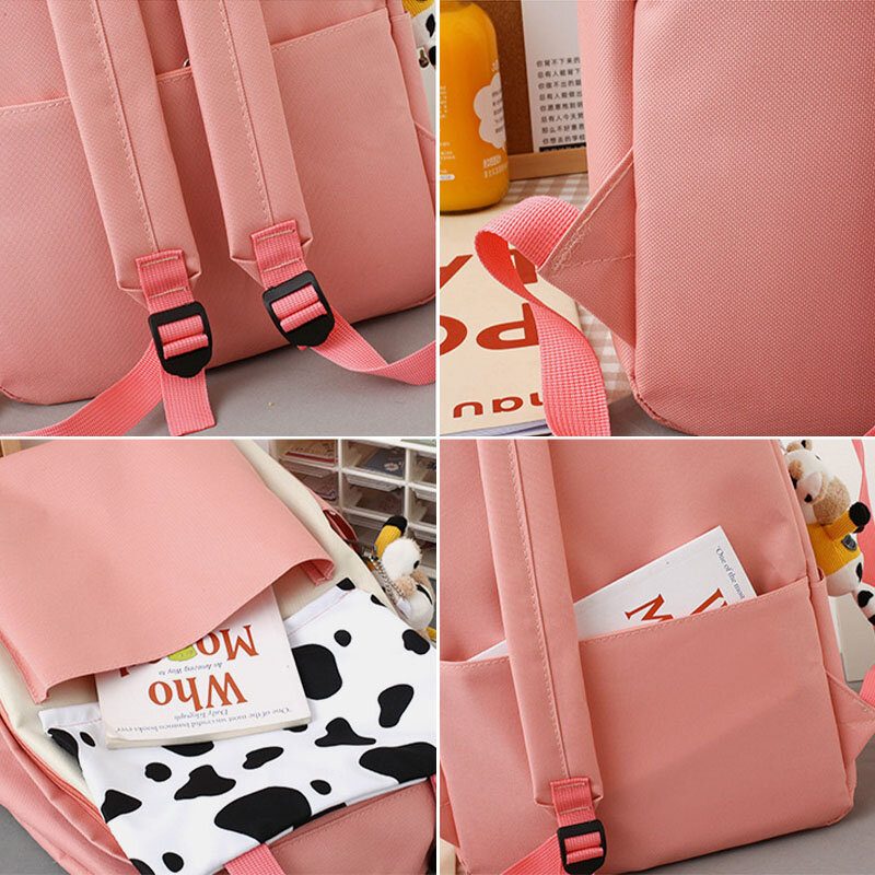 5 Stk Canvas Preppy Cow Pattern Multifunction Combination Vesker Ryggsekk Tote Crossbody Vesker Clutch Lommebok