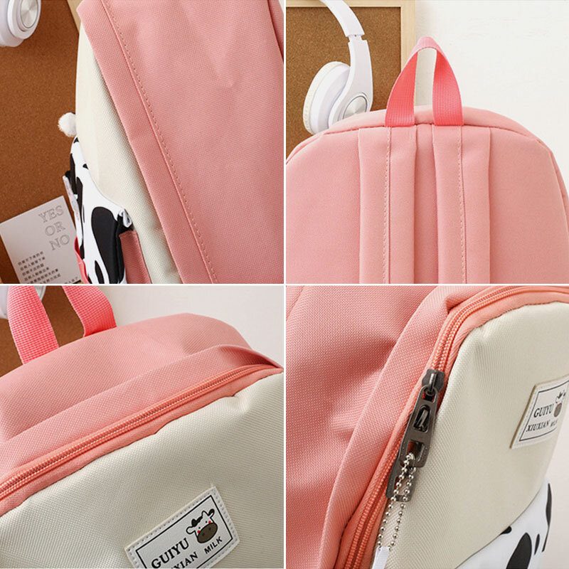 5 Stk Canvas Preppy Cow Pattern Multifunction Combination Vesker Ryggsekk Tote Crossbody Vesker Clutch Lommebok