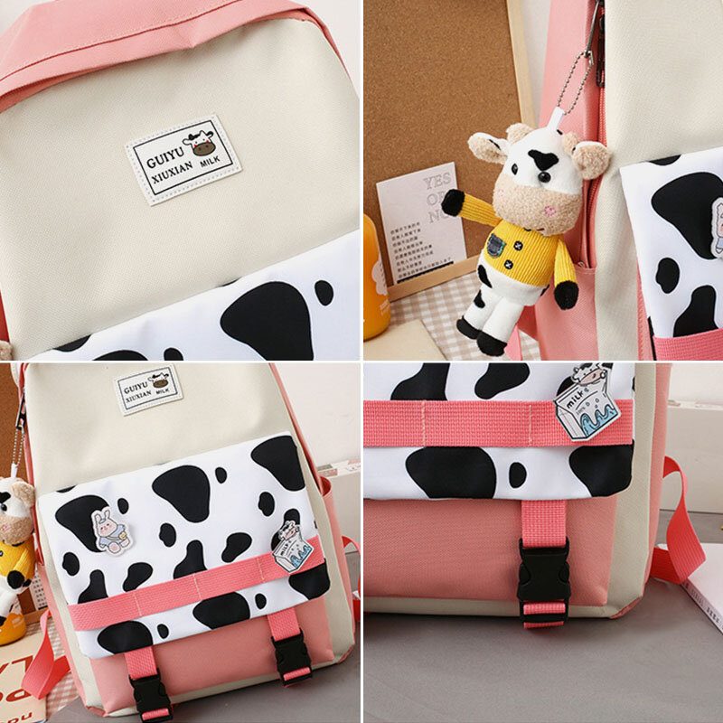 5 Stk Canvas Preppy Cow Pattern Multifunction Combination Vesker Ryggsekk Tote Crossbody Vesker Clutch Lommebok