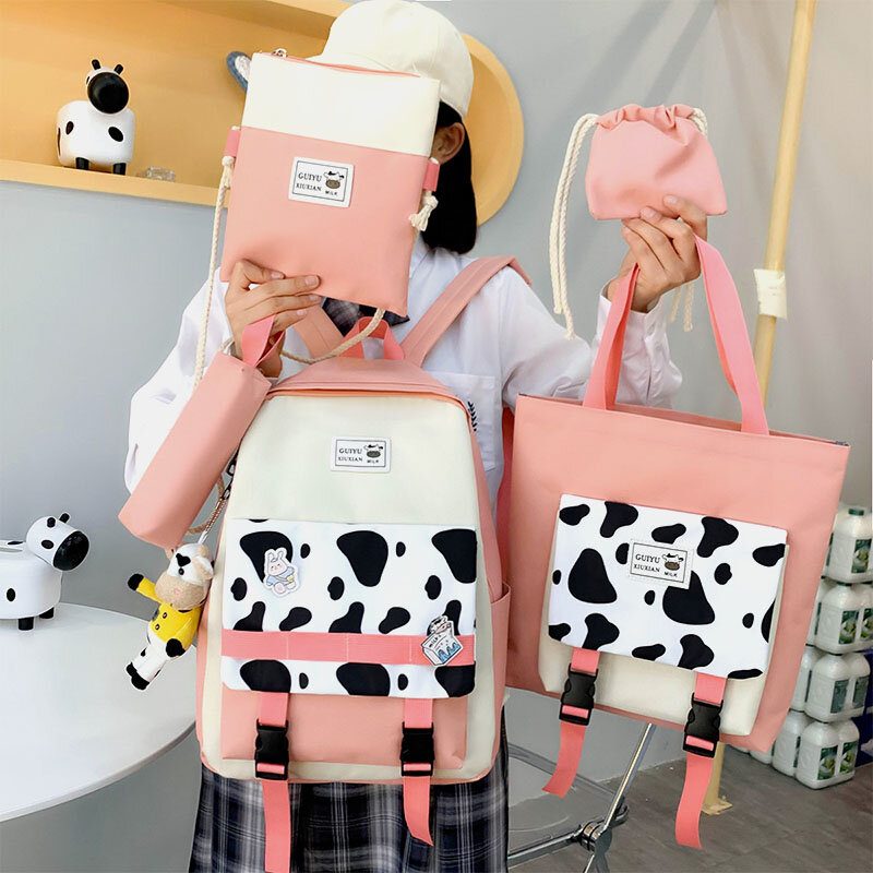 5 Stk Canvas Preppy Cow Pattern Multifunction Combination Vesker Ryggsekk Tote Crossbody Vesker Clutch Lommebok