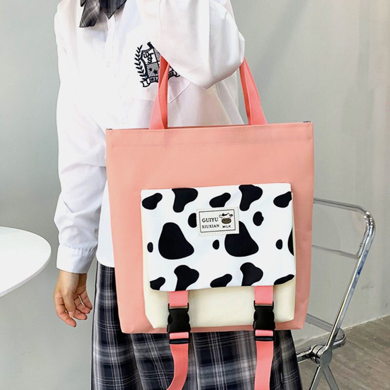 5 Stk Canvas Preppy Cow Pattern Multifunction Combination Vesker Ryggsekk Tote Crossbody Vesker Clutch Lommebok