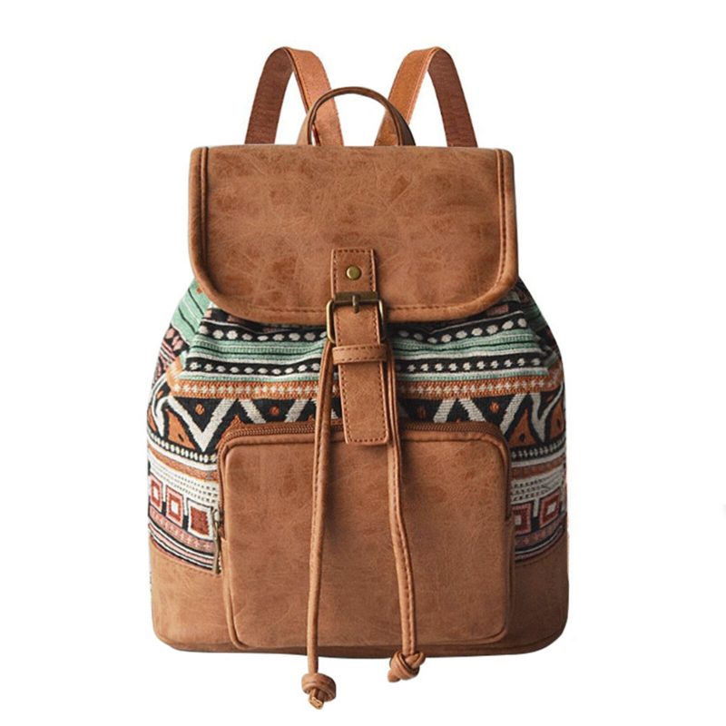 Dame Lerret Stoff Vintage Etnisk Mønster Bohemian Ryggsekk Justerbar Stropp Casual Bag