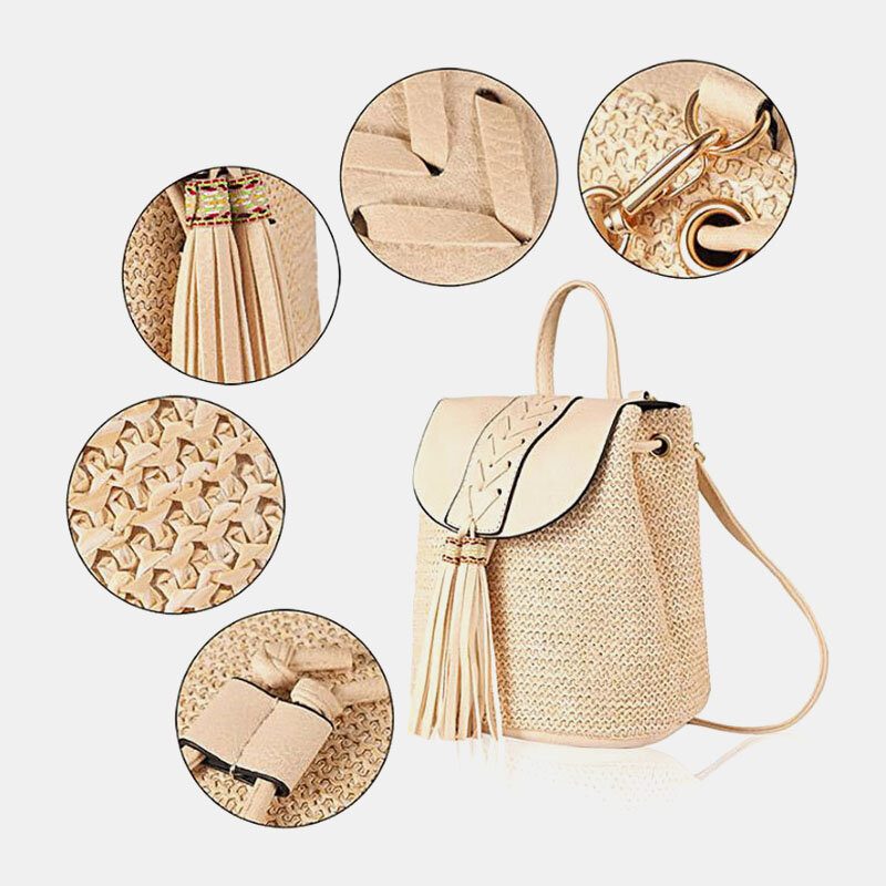 Dame Tassel Straw Vesker Retro Beach Vesker Ryggsekk Bøtteveske