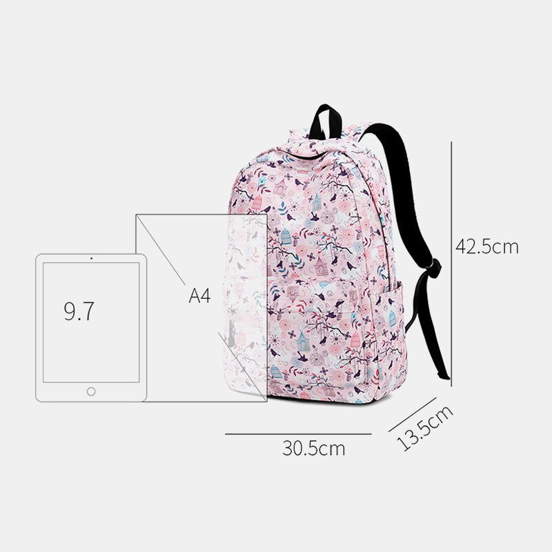 Dametrykk Vanntett Casual Backpack School Bag