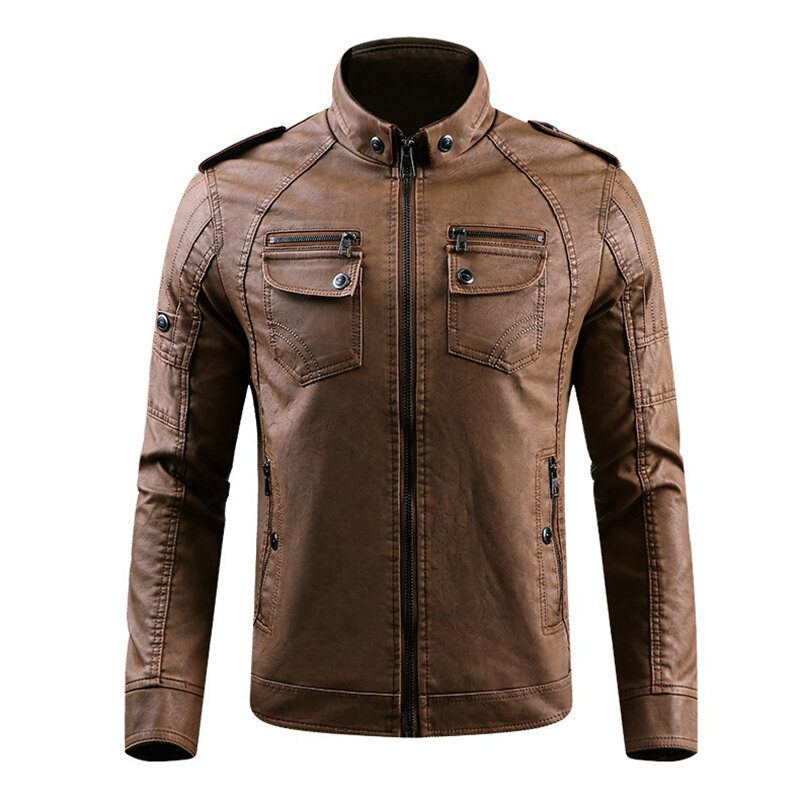 Vinter Fleece Varm Pu Faux Leather Motorsykkel Biker Jacket