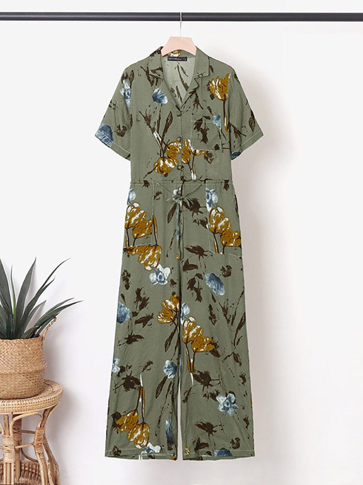 Blomstertrykk Knapplomme Kortermet Jumpsuit Med Vidde Ben