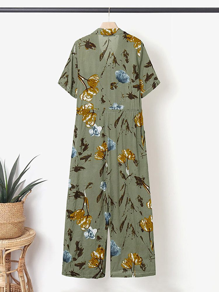 Blomstertrykk Knapplomme Kortermet Jumpsuit Med Vidde Ben