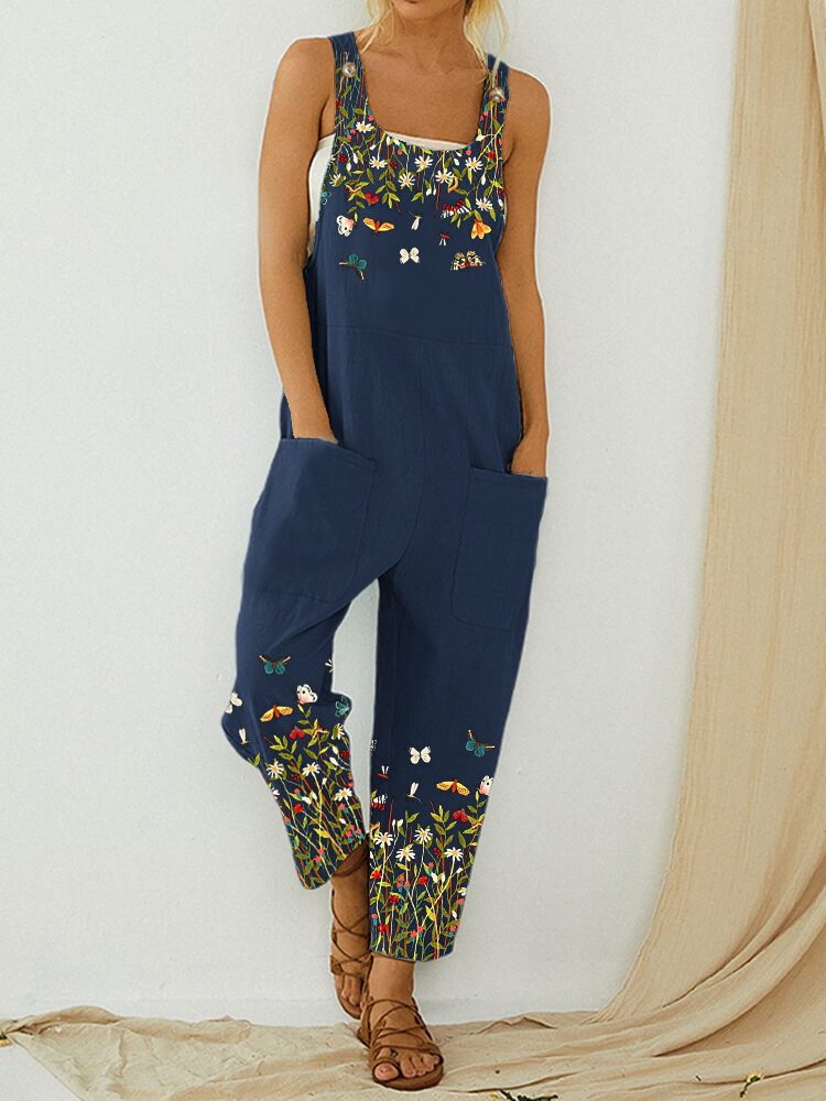 Butterfly Flower Print Stropp Knapplomme Casual Jumpsuit Overall For Kvinner