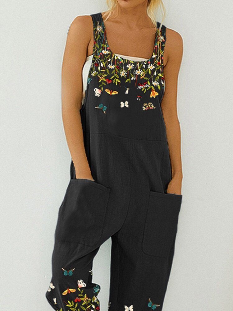 Butterfly Flower Print Stropp Knapplomme Casual Jumpsuit Overall For Kvinner