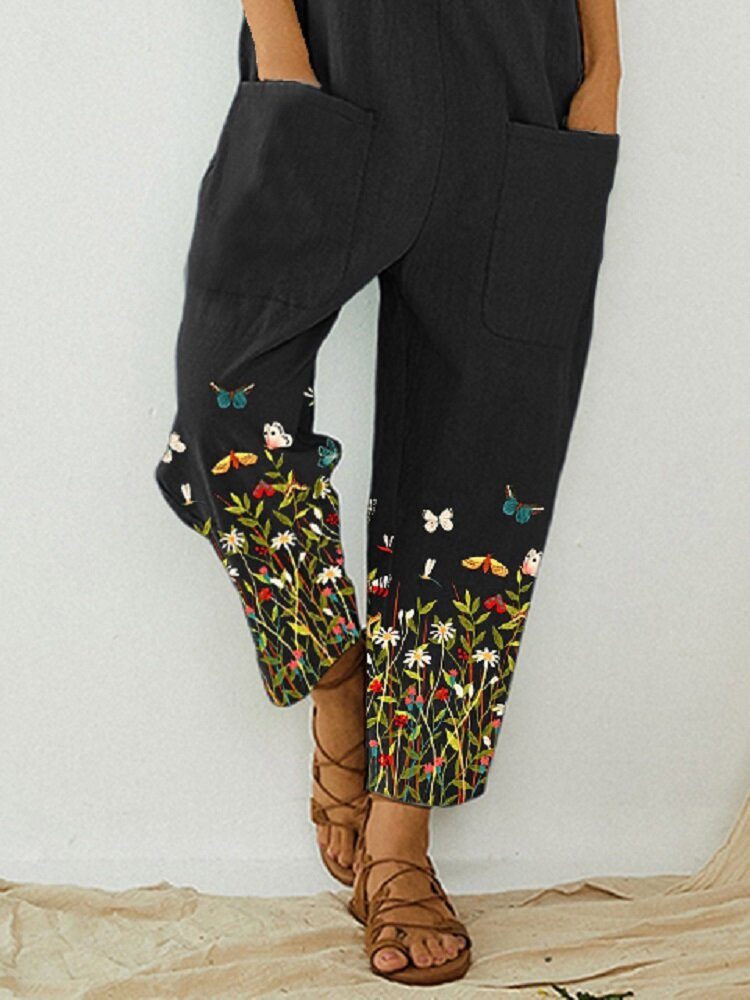 Butterfly Flower Print Stropp Knapplomme Casual Jumpsuit Overall For Kvinner