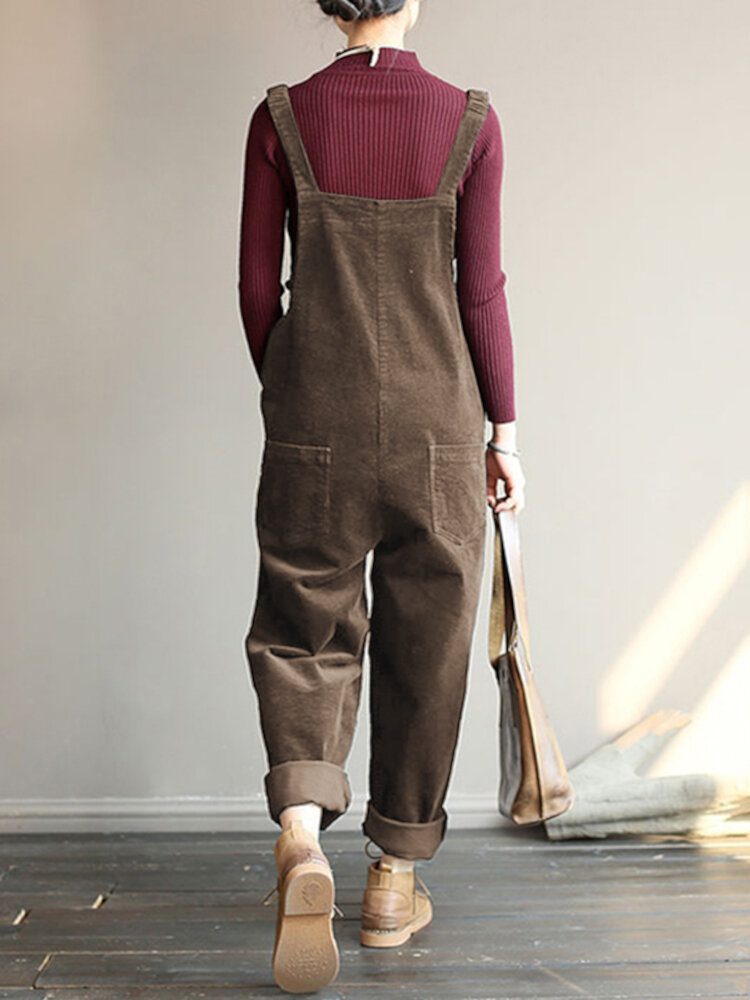 Corduroy Ermeløse Elastiske Stropper Uformell Enkle Frontlommer Jumpsuit For Kvinner