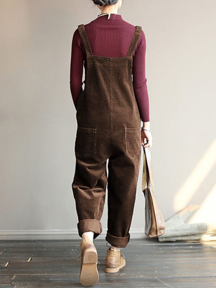 Corduroy Ermeløse Elastiske Stropper Uformell Enkle Frontlommer Jumpsuit For Kvinner