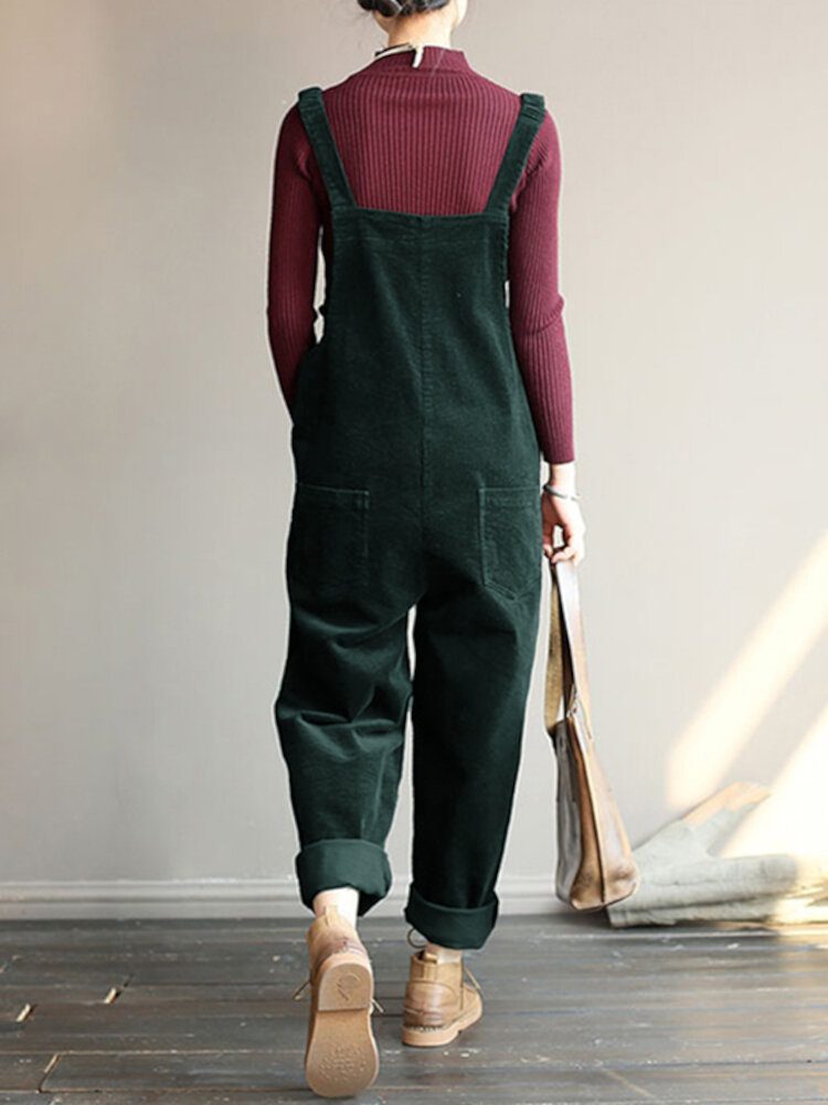 Corduroy Ermeløse Elastiske Stropper Uformell Enkle Frontlommer Jumpsuit For Kvinner