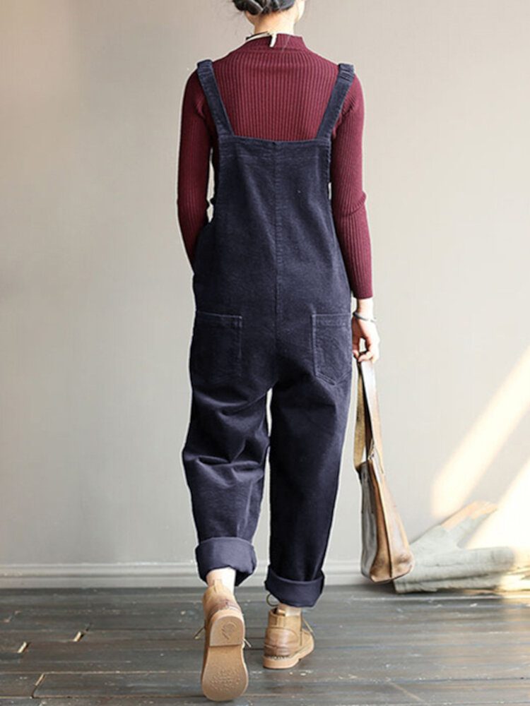 Corduroy Ermeløse Elastiske Stropper Uformell Enkle Frontlommer Jumpsuit For Kvinner